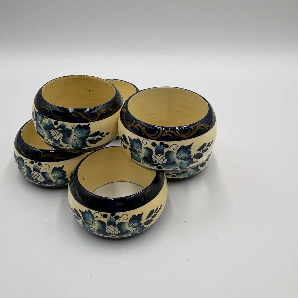 6 Hand Painted Wood Napkin Rings Vintage Blue Floral